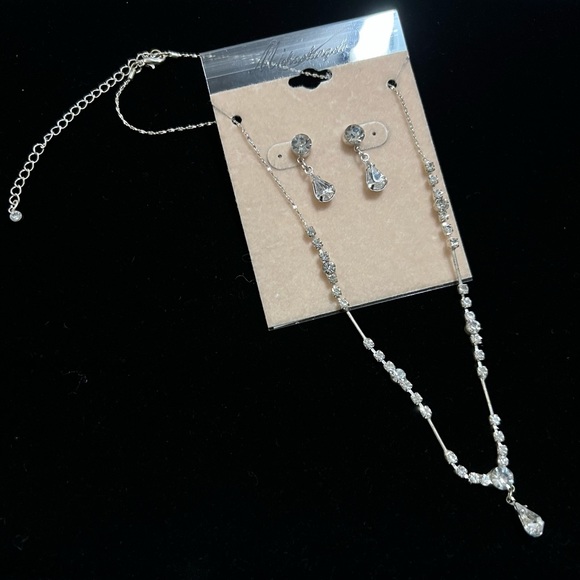 Crystal Silver Necklace and Earring Matching Set, Michael Angelo, Adjustable - Picture 2 of 7